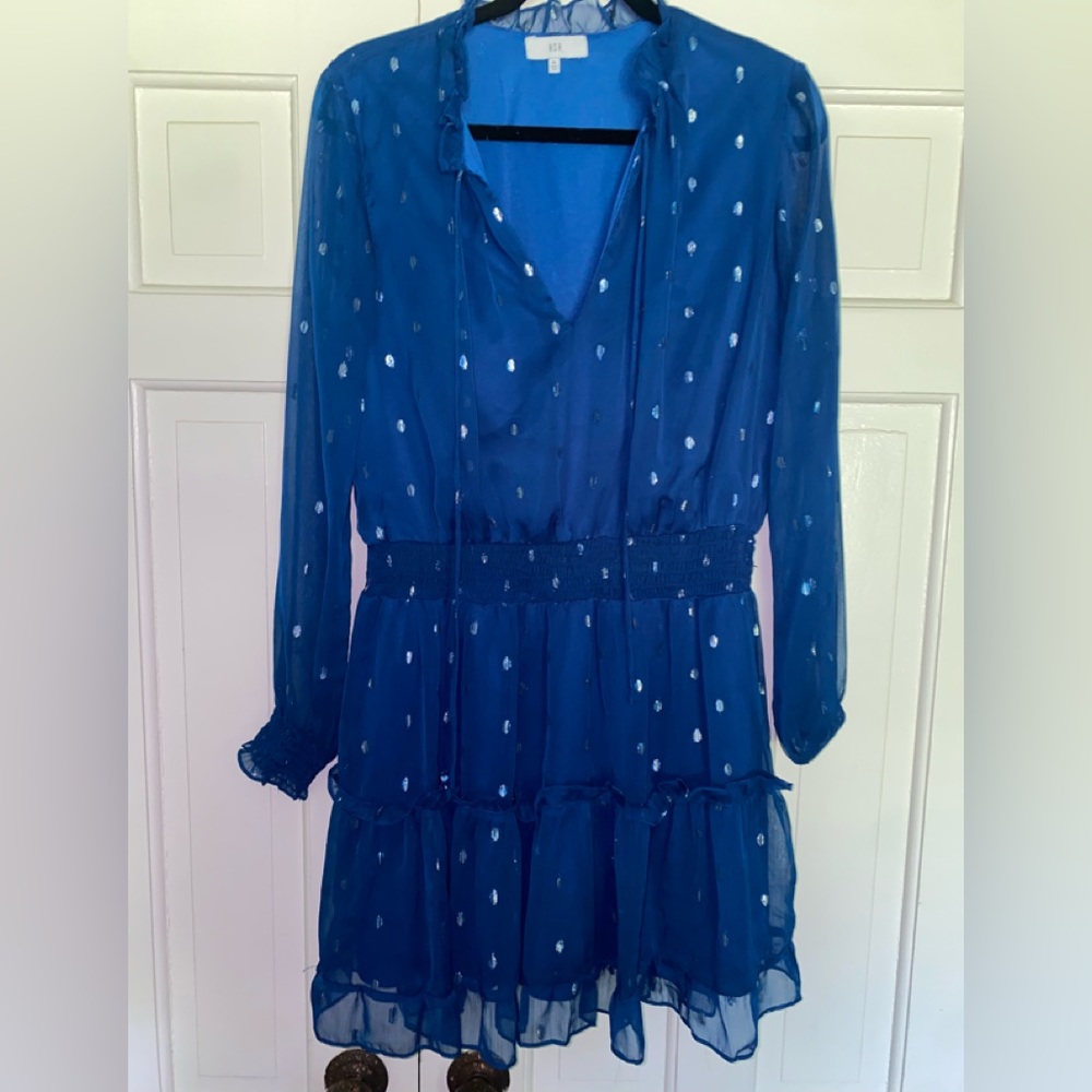 NORDSTROM NSR - XL - NAVY BLUE SHEER-SLEEVE FAUX WRAP dress BOHO